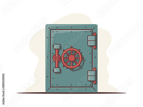 A vector graphic illustration of a secure safe with a red dial and handle on a white background