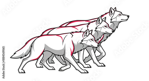 Three wolves running together in a pack formation side view