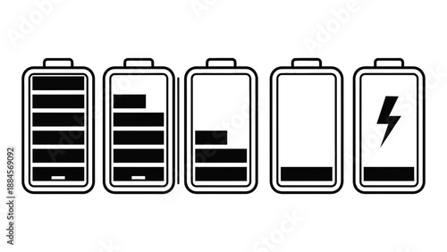 Battery level indicators showing charge status from full to empty and charging