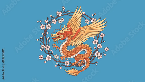 Mythical orange winged dragon soaring within a circular frame of pink cherry blossom branches set against a solid blue background.