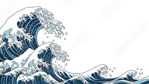 Japanese style illustration of massive blue ocean waves crashing with white foam against a clear white background in traditional art.
