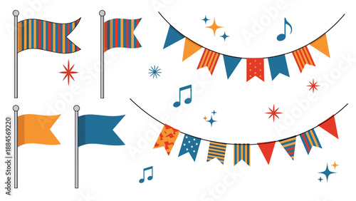 Festive party decorations including colorful striped bunting flags, sparkling stars, and musical notes on a clean white background.