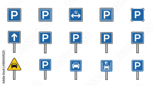 Collection of blue parking signs with white capital P letter and various directional arrows or car icons for traffic control.