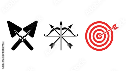 Icons representing construction tools, archery equipment, and a successful target hit