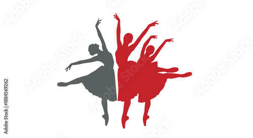 Silhouettes of three dancing ballet women in red and gray