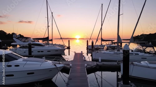 Wallpaper Mural Serene marina scene at sunset with sailboats and yachts docked on a wooden pier in calm waters, reflecting warm orange and purple hues. Torontodigital.ca