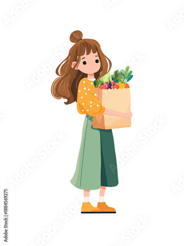 Girl holding paper bag with vegetables hand drawn illustration