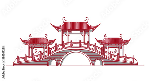 Red chinese bridge with pagoda roofs