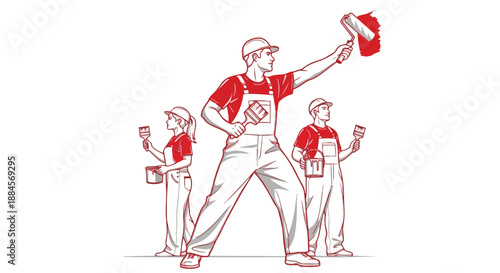 Three construction workers in red shirts and white overalls holding tools