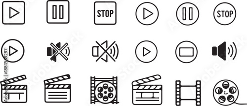 Video icon set. Cinema and movie symbol. Vector illustration. Video, player, media, play, pause, stop, button, movie, film, cinema vector icons.