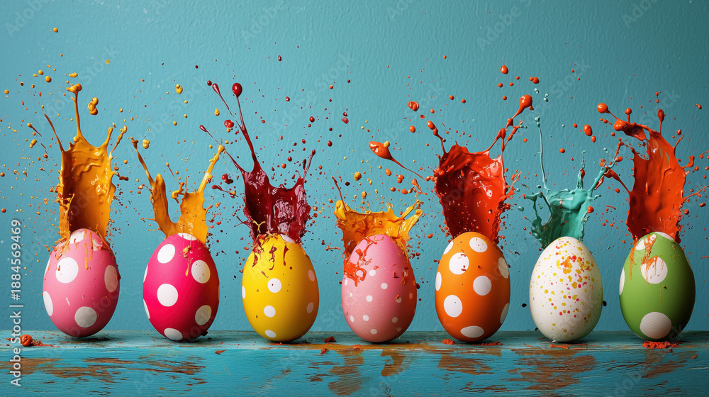 custom made wallpaper toronto digitalVibrant colorful painted easter eggs on bright background with paint splashing, spotting, dotting for creative DIY art, craft kid's easter school project ideas, Easter party concept with Copyspace