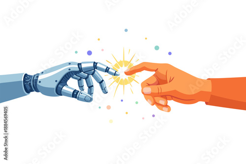Human hand and a robotic finger reaching out to touch in a divine spark of connection.