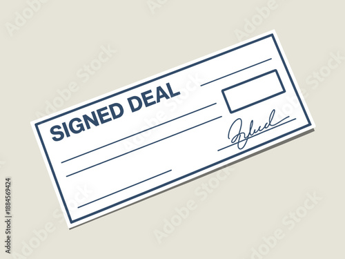 A vector graphic illustration of a signed deal document with a blue border and signature