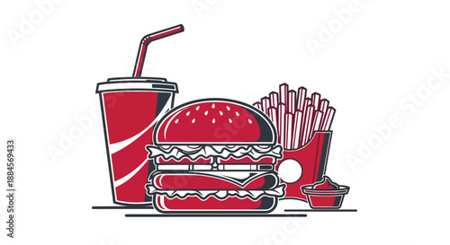 Colorful fast food meal with burger, fries, and soda