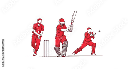 Cricket players in action with bat and ball in red uniforms