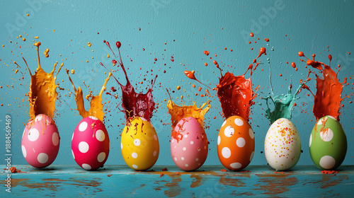 Wallpaper Mural Vibrant colorful painted easter eggs on bright background with paint splashing, spotting, dotting for creative DIY art, craft kid's easter school project ideas, Easter party concept with Copyspace	
 Torontodigital.ca