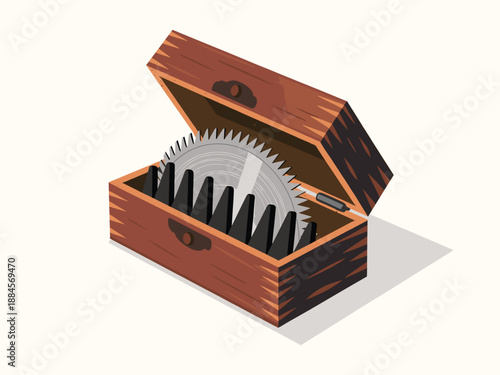 A vector graphic illustration of a circular saw blade stored in a wooden chest