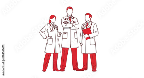 Three medical professionals standing together in lab coats and scrubs