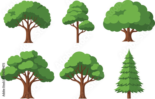 Green tree illustration set featuring deciduous and conifer trees, forest vegetation elements, and natural landscape assets in clean flat vector style