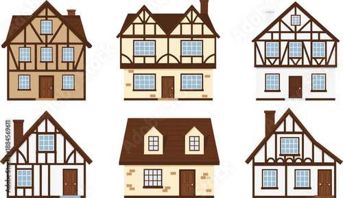 Traditional European houses illustration set featuring classic timber-frame architecture, cozy cottages, and residential building exteriors in flat vector style
