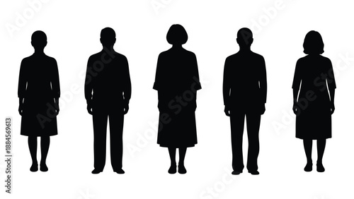 Silhouettes of five individuals isolated on white background, Vector