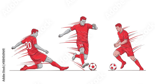 Soccer player kicking ball in different motion sequence