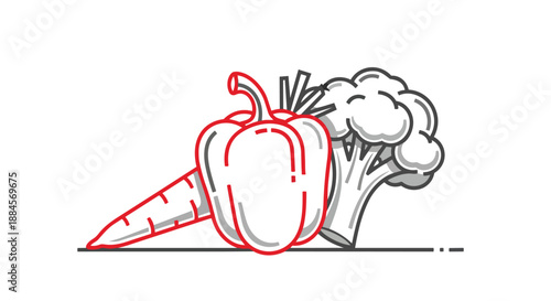 Colorful illustration of carrot, bell pepper, and broccoli