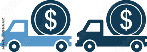 Two trucks carrying large dollar coins