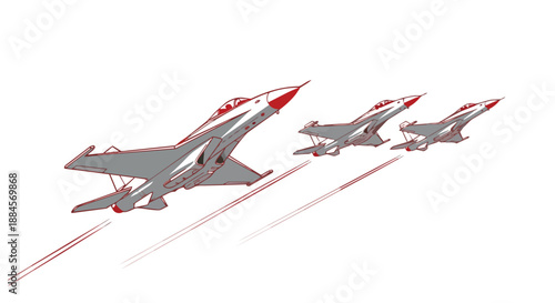 Three gray fighter jets flying in formation with red accents