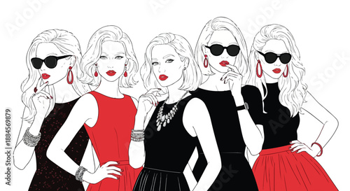 Fashion illustration of five stylish women in dresses and sunglasses