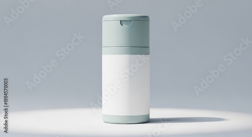 Sleek, minimalist pump dispenser bottle with a blank white label against a clean, illuminated background, ideal for showcasing cosmetic or skincare product branding and packaging design