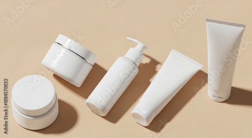 Collection of minimalist white cosmetic product containers arranged on a neutral beige background, showcasing elegant skincare packaging for beauty and personal care branding