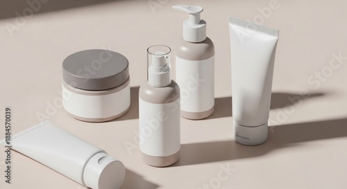 Assorted white cosmetic containers jars, pump bottles, and tubes, displayed on a light background with natural shadows for beauty and skincare branding mockups