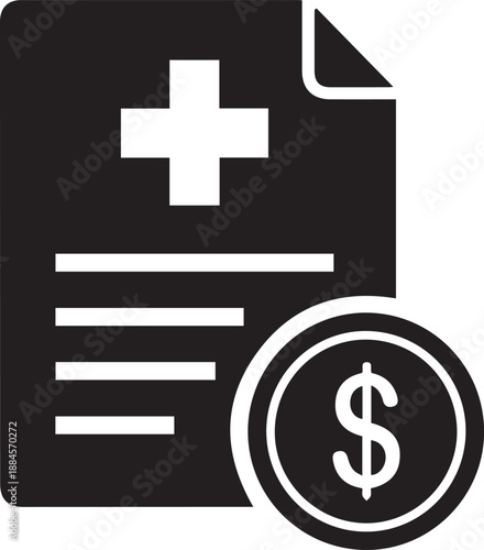 Medical bill document icon with a dollar sign coin, representing healthcare costs, health insurance claims, and hospital billing. Minimalist black vector illustration for financial healthcare.