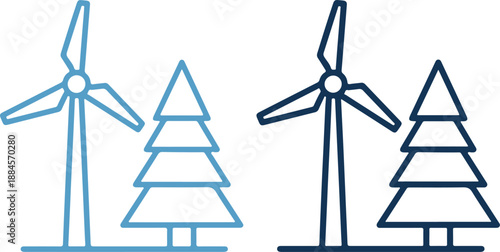 Vector illustration of wind turbines and trees in blue lines