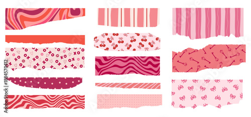 Groovy collection of pink and red torn paper strips featuring wavy stripes dots and xoxo patterns on white.