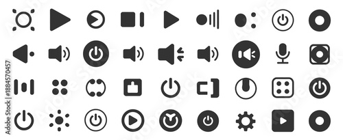 Media player icons set featuring multimedia symbols, audio and music speaker volume, interface buttons including play, pause, stop, record, forward, and rewind, ideal for app, website