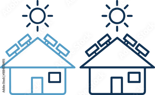 Solar panels on house roofs with sun