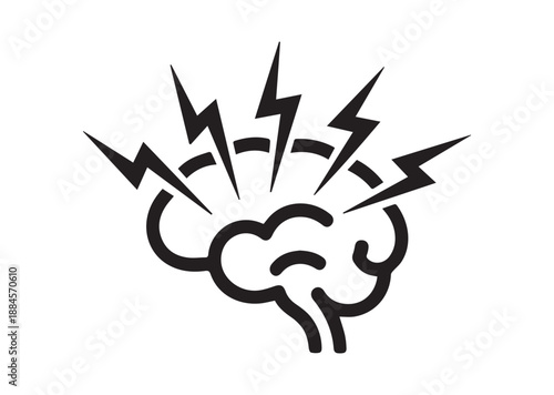 Brain with lightning Line Art Icon, Outline Stock Vector Illustration