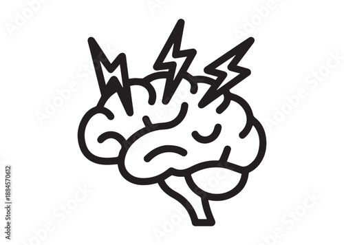 Brain with lightning Line Art Icon, Outline Stock Vector Illustration