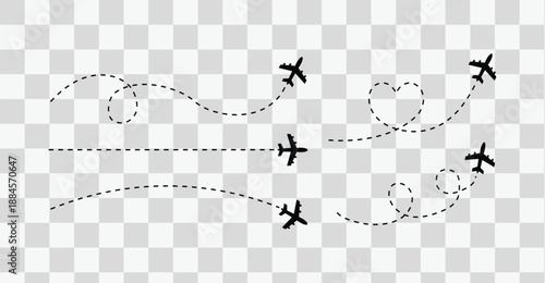 Airplane route with dotted flight path. Flying airplane symbol with curved, curved, straight and heart-shaped dashed trace path. Vector 
