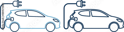 Electric cars charging with blue and dark blue outlines connected to plugs