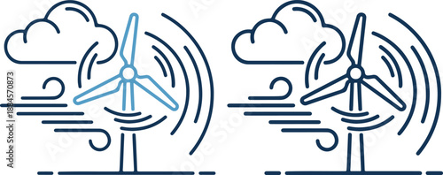 Line art illustration of wind turbines generating electricity on a windy day with clouds