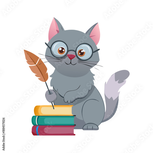 A sophisticated grey cat wearing half-moon glasses, sitting on a pile of books and holding a feather quill.