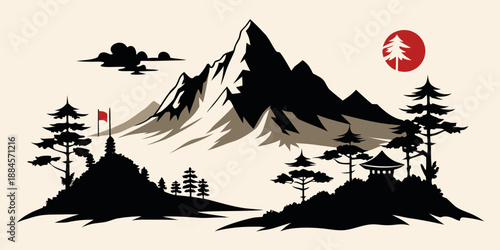 Mountain landscape with pine trees and red sun