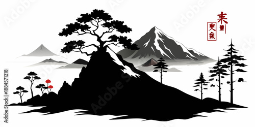 Silhouetted mountain landscape with pine trees
