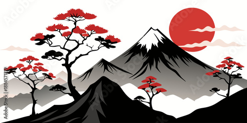 Mountain landscape with red trees and sunset