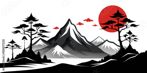 Mountain landscape with red sun