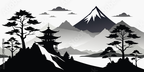 Mountain temple silhouette