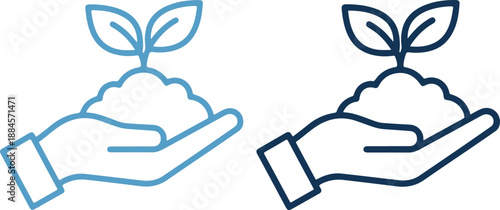 Vector illustration of hands holding soil with seedlings in blue